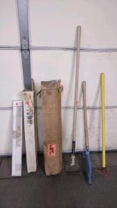 (3) Assorted Concrete Tools, (1) Box of Wired Mesh Roll (Approx. 4'), (1) Box of Hardwood Dowels, & (1) 2&frac12;' Length-Pull Down-Window Curtain