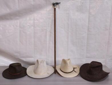 (4) Assorted CowBoy/CowGirl Hats & (1) Wooden Can w/ Marble Handle