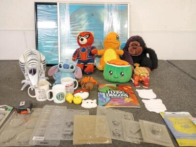(2) Dolphin Framed Photos (23x35) (23x26) Assorted stuffed animals (3) coffee mugs (16) Assorted Plastic Molds Assorted Toys