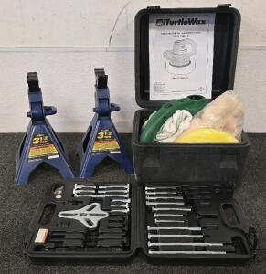 TurtleWaz Orbital Waxer/Buffer, (2) 3 1/2 Ton Jack Stands, Bolt Type Wheel Puller Set