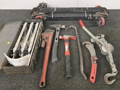Tools Including Pipe Wrenches, Come Along, Craftsman Adjustable Dolly, Stanley Door And Jamb Template