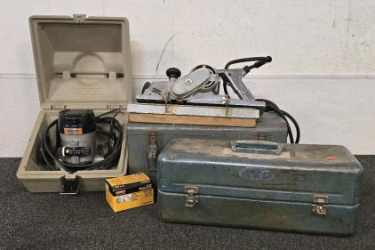 Craftsman Router In Case, Montgomery Ward Powr Kraft Planar In Case, Metal Vintage Tool Box