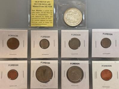 Old Mexican Silver Dollar Minted, (8) Assorted Foreign Coins