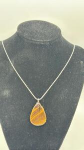 42ct. Natural AAA+ Flashy Yellow Top Quality Tiger Eye Jasper Pendant w/ .925 Silver Necklace
