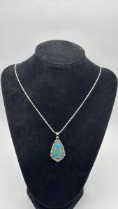 Turquoise Teardrop Pendant w/24&rdquo; Stamped.925 Silver Necklace