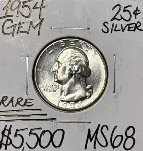 1954 MS68 RARE GEM SILVER WASHINGTON .25c