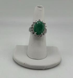 Silver Ring with Oval Green Gemstone, Prong Setting, Cabochon Cut