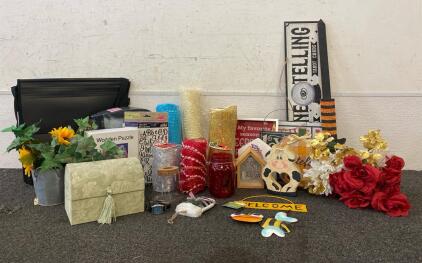 Craft Supplies, (6) Rolls Of Ribbon, Stickers, Signs, Faux Flowers, Fabric Box, Water Filter, Wooden Puzzle And More