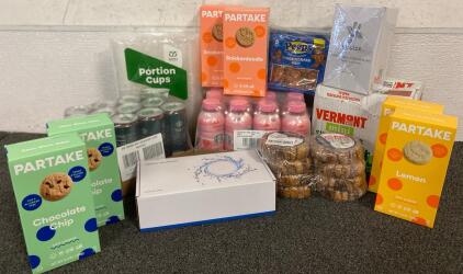 12pck Starbucks Pink Drink, 12pck Starbucks Mocha, Vermont Mini Snack Sticks, (250) 4oz Portion Cups, Coffee Stirrers, Sink Bounce Core Drain Strainer, Partake Cookies, Sun Dried Turkish Figs, Peeps Gingerbread Men