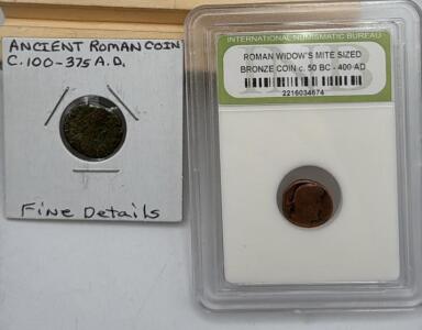 (1) Roman Widow&rsquo;s Mite Sized Coin (Circa 50B.C.-400A.D , (1) Ancient Roman Empire Coin (Circa 100-375 A.D.
