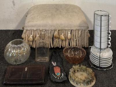 Vintage Footrest, Mini Plates & Mugs Collection, & Various Home Decor