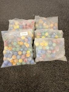 5 Bags Of Antique Marbles Including Yellow, Blue, And Green