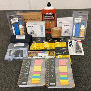 BRAND NEW PRODUCTS!! (1) Bottle Of Weiman Hardwood Polish And Restorer, (3) Boxes Of MR16 Halogen Bulbs, 2 Pcs Black Patio Umbrella Holder, And So Much More!!