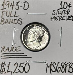 1943-D MS68FB RARE FULL BANDS GEM MERCURY .10c