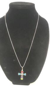 Turquoise Cross Pedant On 24" Necklace