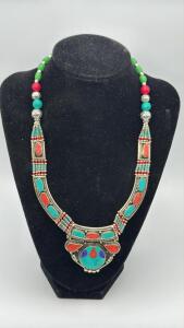 Beautiful Large Turquoise,Red Coral & Topaz Lazuli Necklace