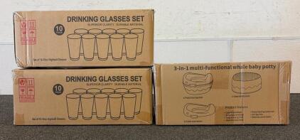 BRAND NEW PRODUCTS!! (2) Boxes Of Drinking Glasses Sets And (1) 3-In-1 Multi-Functional Whale Baby Potty!!