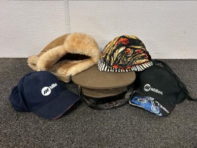 Collection of Miller Caps, Nudelman Bros Cap, Shearling Aviator Hat, Patterned Bandana