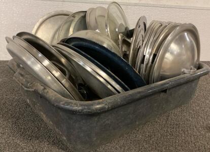 Lot Of Pot And Pan Lids And Plastic Dish Bin