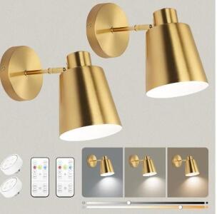 (4)Gold Wireless Battery Operated Wall Sconces, Industrial Cordless Battery Powered Led Wall Lights, Remote Control for Bedroom, Bathroom, Hallway 2 Per Box 4 Total - (4) Floating Acrylic Bookshelves 28" Long 2 Per Box 4 Total