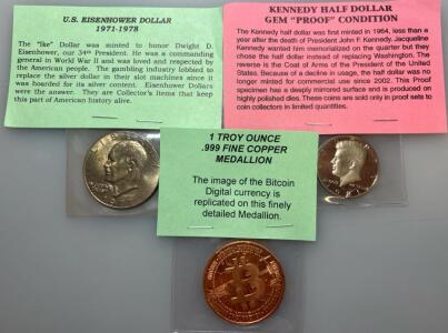 U.S. Eisenhower Dollar 1971-1978, Kennedy Half Dollar Gem &ldquo;Proof&rdquo; Condition, Troy 1oz Fine Copper Medallion