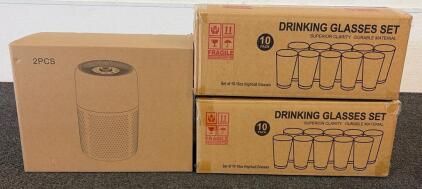 BRAND NEW PRODUCTS!! Including (2) Boxes Of Drinking Glasses Sets And (1) Box Of 3 HEPA Air Purifiers!!