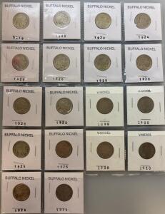 (14) 1918-1936 Buffalo Nickels And (4) 1899-1910 V-Nickels