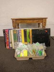 Wooden End Table 22x19 inches (14) Assorted Records and Hand Made Jewelry
