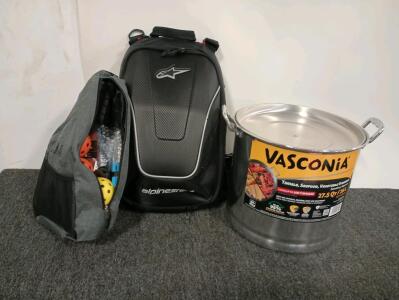 Alpinestarz Black Backpack, 27.5 Quart Vasconia Steamer Pot, Shoulder Bag Pickle Ball Bag With Paddles And Balls