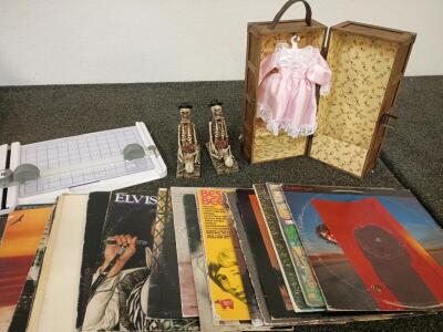 Vintage Records (2)Skull Book Ends (1) Decorative Tabletop Doll Closet with Dress (1) Wilton Cake Tool