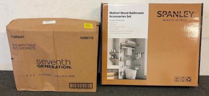 (1) Box Of Seventh Generation 100% Recycled Jumbo Roll Bathroom Tissue, product number 137038 And (1) Spanely Walnut Wood Bathroom Accessories Set!!