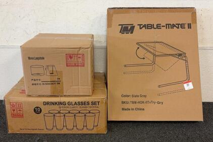 BRAND NEW PRODUCTS!! (1) Table Mate II Folding TV Tray Table and Cup Holder with 6 Height and 3 Angle Adjustments The Original TV Tray, (2) Boxes Of Drinking Glass Sets, And (1) Woven Lampshade!