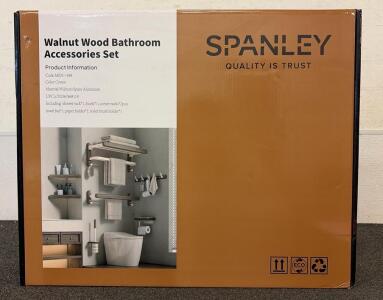 Spanley Luxury Walnut Aluminium Bathroom Accessories Shower 7 Pieces Set, Including Shower Rack, Hook, Corner Rack, Towel Bar, Paper Holder, Toilet Brush Holder