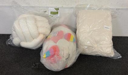 BRAND NEW PRODUCTS!! Including (1) Weighted Unicorn Stuffed Animal, (1) Sherpa Throw Blanket for Couch Soft Warm Thick Blanket, And (1) Uvvyui Knot Pillow Ball