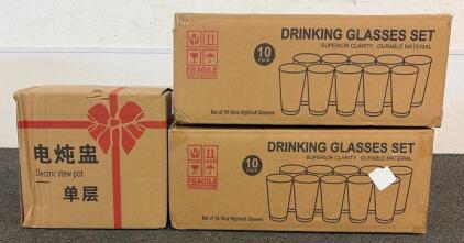 BRAND NEW PRODUCTS!! (2) Boxes Of Drinking Glasses Sets And (1) Electric Stew Pot, Ceramic Soup Porridge Cooker, Slow Cookers with Lid, 1L, White