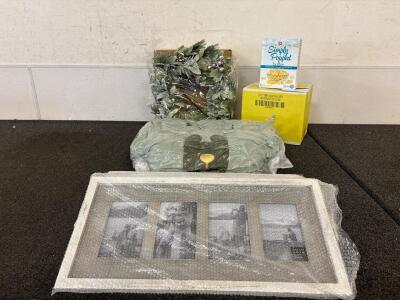 (1) 22&rdquo; Christmas Wreath (30) Bags New Unopened Jolly Time Butter Popcorn (1) Dog Car Seat (2) 10x22 Wooden Picture Frames