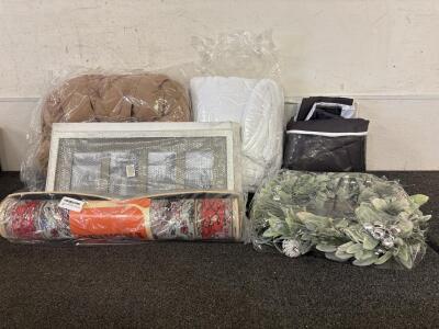 (2) King Bed Sets New In Bags (1) Drivona Red Small Boho Runner Rug (1) 10x22 Pictures Frame (1) New In Bag Dog CarSeat