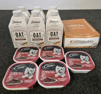 (6) 16oz Oat Creamer Chai Spice, (12) Coconut Macadamia Intermittent Fasting Bar, (5) Cesar Dog Food Packages