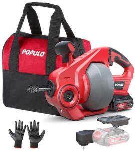 Populo 20V Cordless Electric Drain Auger 25Ft Auto Feed Drain Snake Kit