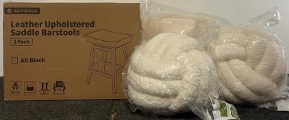 (3) Pcs Leather Upholstered Saddle Barstools, Fuzzy Throw Blanket & (2) Knot Throw Pillows