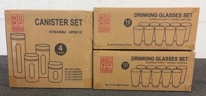 BRAND NEW PRODUCTS!! Quality 4pc Stainless Steel Canister Set for Kitchen Counter with Glass Window & Airtight Lids And (2) Drinking Glasses Sets- 10 Packs