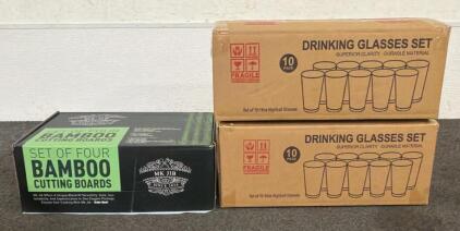 BRAND NEW PRODUCTS!! Bamboo Cutting Board Set with Stand And (1) Set Of Drinking Glasses Set!!