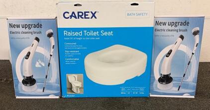 BRAND NEW PRODUCTS!! Including (2) New Upgrade Electric Cleaning Brushes And (1) Carex Raised Toilet Seat!!