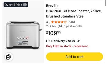 (1) BRAND NEW Breville BTA720XL Bit More Toaster, 2 Slice, Brushed Stainless Steel
