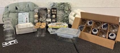 ALL NEW IN PACKAGING (50) Piece Gold Christmas Ornaments (8) Pieve Plate Set (6) Piece Glass Set With Lids (3) Piece Canister Set (10) 16 oz Glass Set And More SEE PICTURES