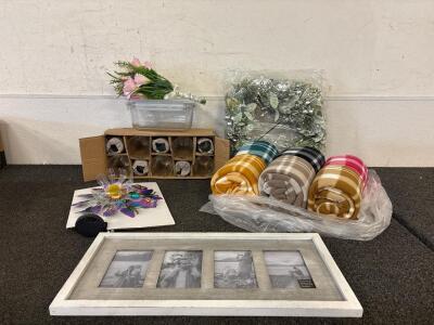 (6) Plaid Throw Blankets (10) Piece 16 Inch Glass Set (1) Outdoor Butterfly Solar Light (1) 22 Inch Christmas Wreath (1) 10x22 Wooden Picture Frame And More SEE PICTURES