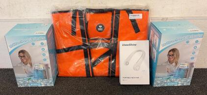 BRAND NEW PRODUCTS!! Including (2) Multi-Functional Air Coolers, (1) CIVPOWER Neck Fan: Portable Rechargeable Personal Neck Cooling Bladeless Fan, And (1) Boa BugOutAid First Aid Kit Bag!!