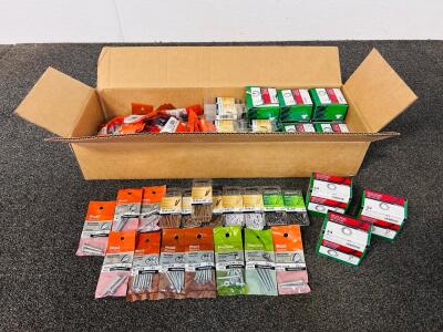Box Of Hardware Includes: Hillman Round Slotted, Flat Philips, Truss Combo Screws, Split Lock Washers, Panel Nails, and Wire Brads