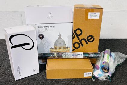 (2) Pairs Of Centro Point Woman's Arch Support Flat Sandals, Dickens Village Series Department 56 Oxfords Radcliffe Camera, (3) Rolls Of Heat Transfer Vinyl, Sleep Zone Cooling Mattress Topper (Queen), Faux Plants, and Green Pothos Botanical Design Window