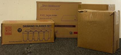 (10) Pcs 16 Oz Drinking Glasses, (8) Pcs Dinner Plates Set, Stone Dish Drying Mat & Trash Bag Roll Dispenser